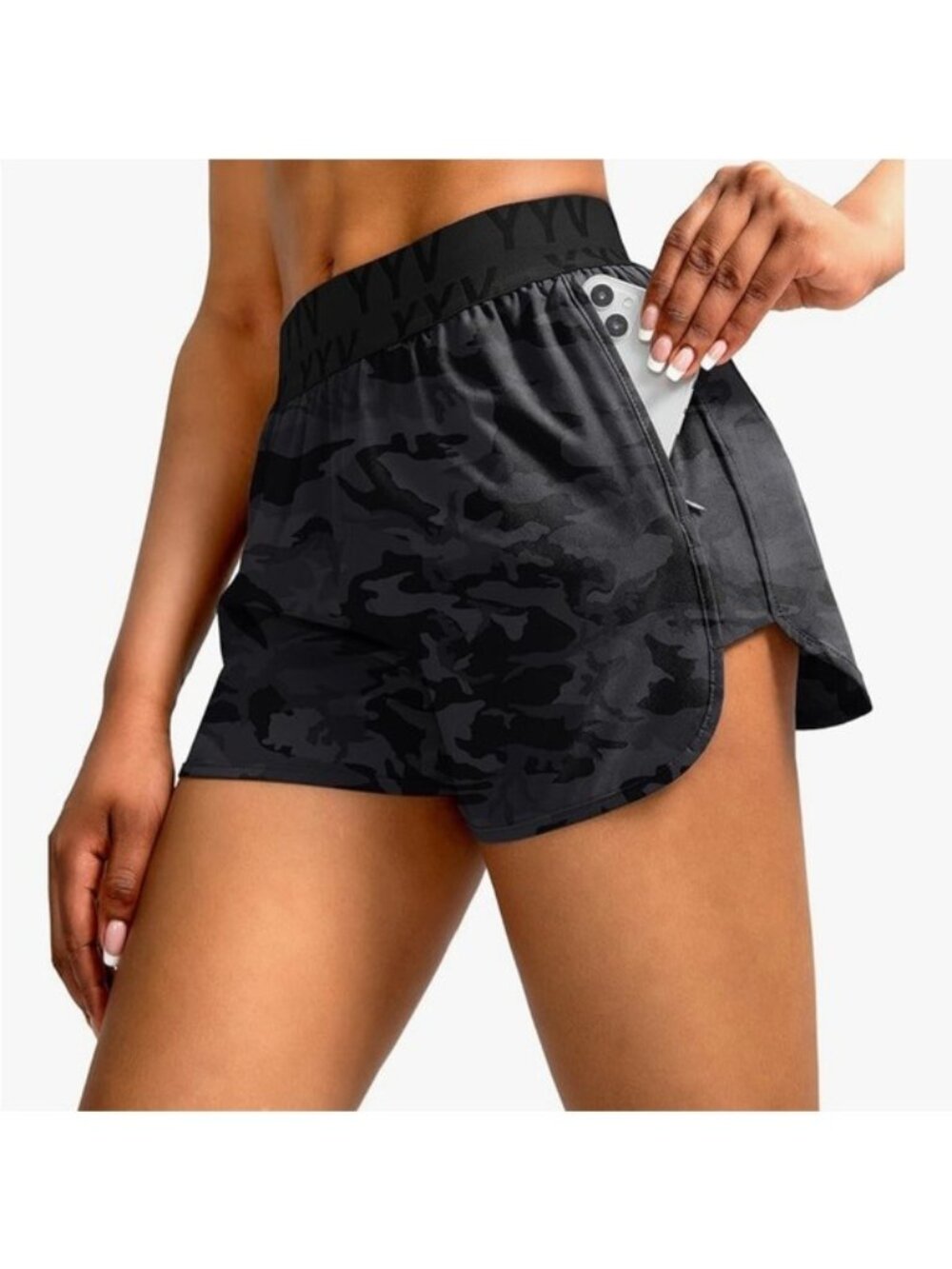 Camo High Waist Womens Running Shorts With Pocket & Liner Black (JJ26)